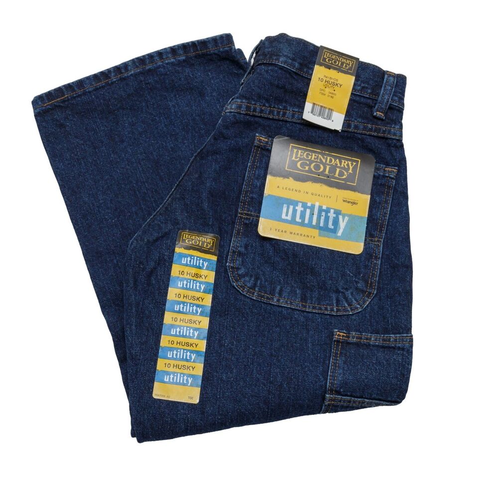 Wrangler‎ Size 10 Boys Utility Jeans Legendary Gold Adj Waist Husky Dark Blue
